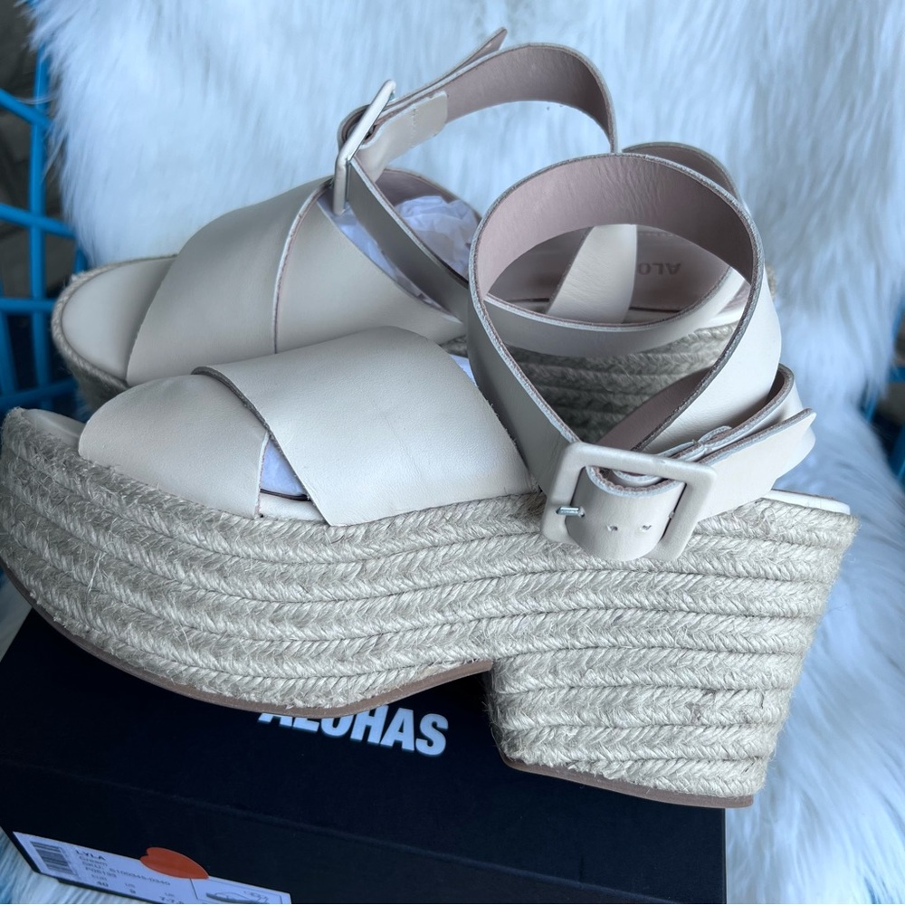 Alohas Lyla Cream Espadrille Platform Sandals Ankle Wrap Leather 9/40 $210 - Picture 7 of 11
